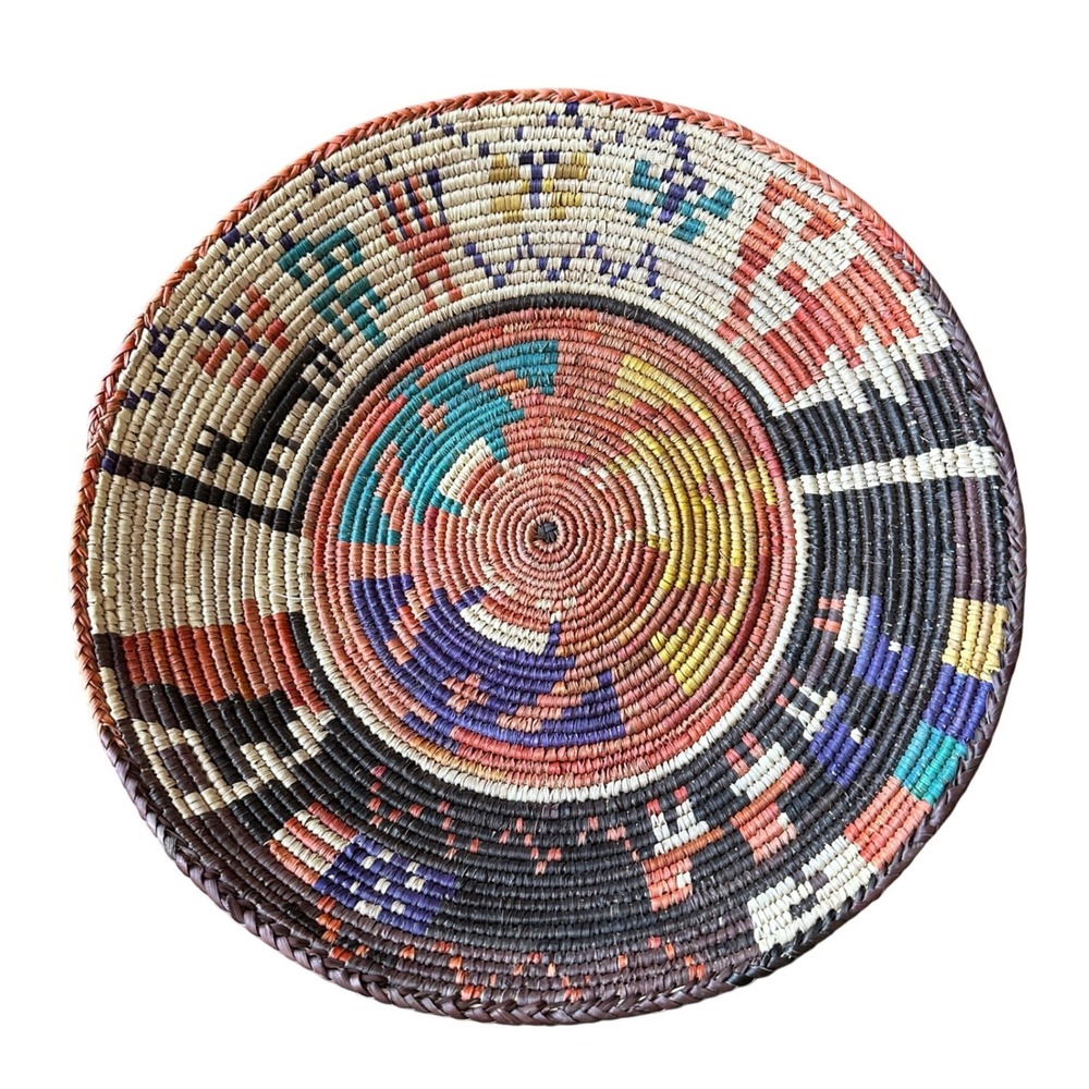 Vintage Southwestern Woven Coil Basket Wall Decor Tray 14 Inch Multicolor